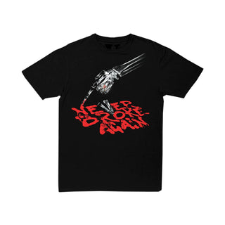 front of black Vlone shirt with a red and white graphic in the middle 